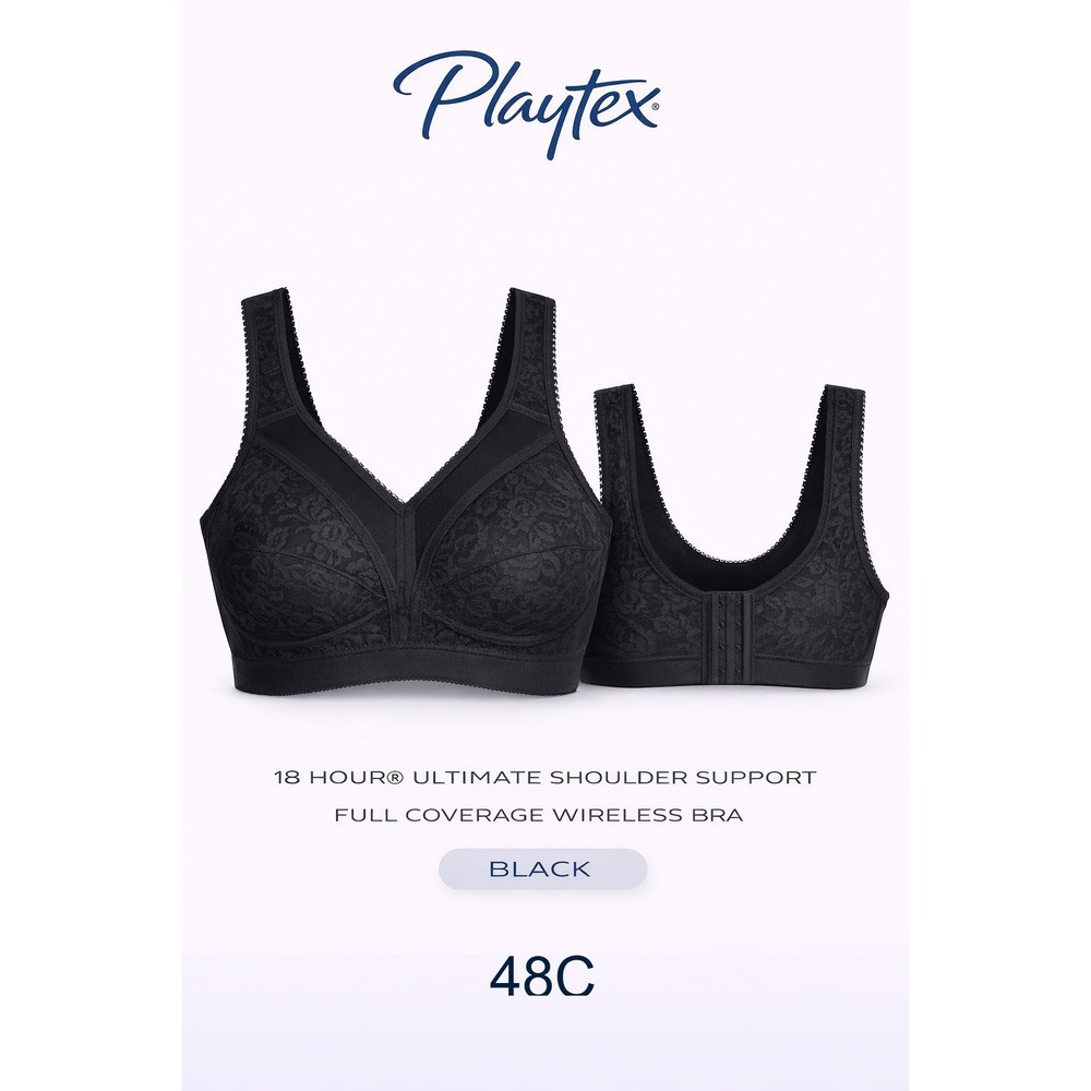 Playtex 18 Hour Ultimate Shoulder Support Wireless Bra Black Floral 4693 48C NWT